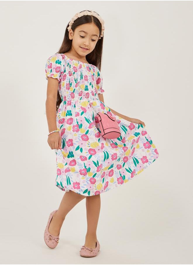 Styli Floral Print Smocked A-Line Dress  - Image 1