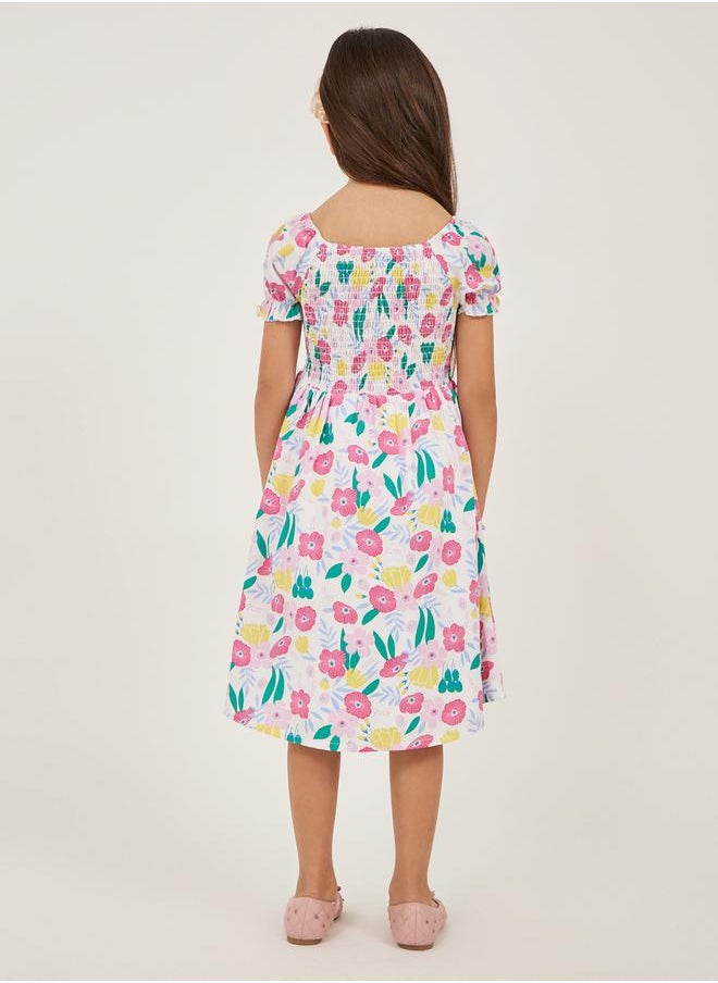 Styli Floral Print Smocked A-Line Dress  - Image 4