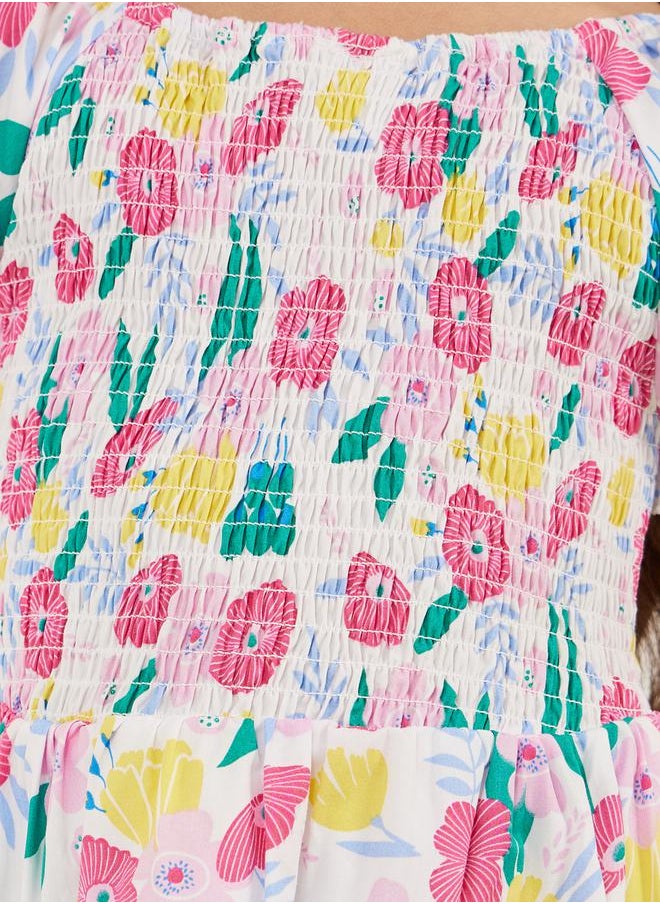 Styli Floral Print Smocked A-Line Dress  - Image 3