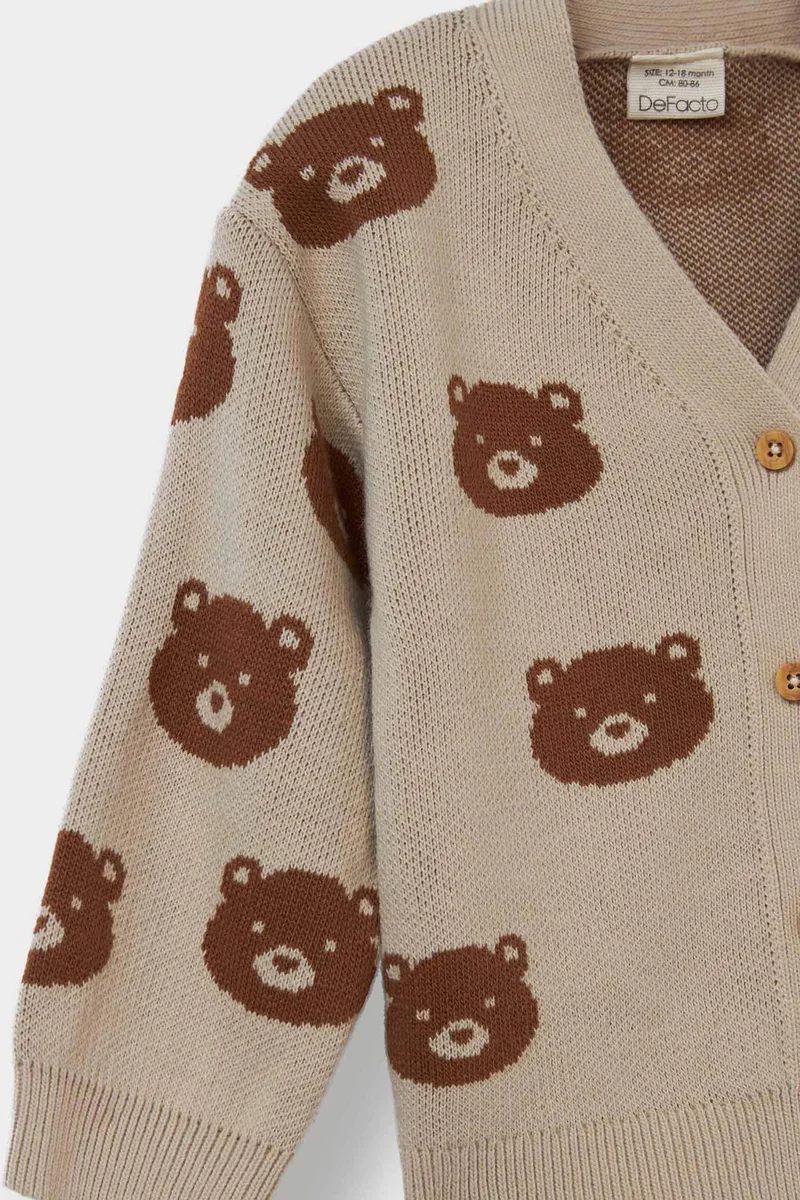 ديفاكتو Baby Boy Buttoned Bear Printed Knitwear Cardigan