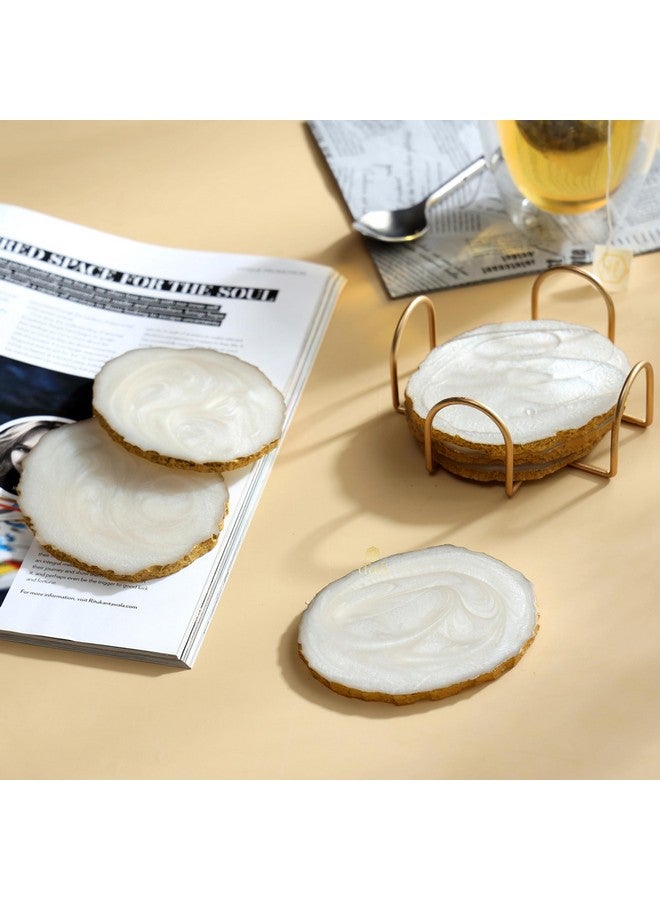 DULI Resin Coasters Set of 6 with Stand - Bar Wine Coasters for Table - Set of 6 Classy Yet Stylist Handmade Marble Stone Coaster Set with Holder (ResinCoasterW/G-Stand: Cream) - Image 1