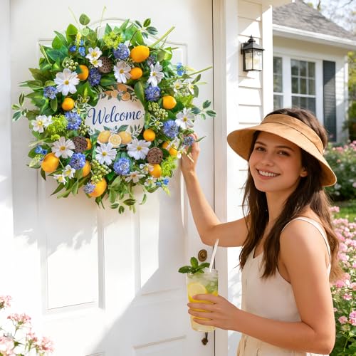wreathqueen Spring Wreaths for Front Door 24 Inch,Summer Wreath with Artificial Lemon,Daisy,Hydrangea & Lotus Pods,Door Wreath for Indoor Outdoor Farmhouse Home Decor - Image 4