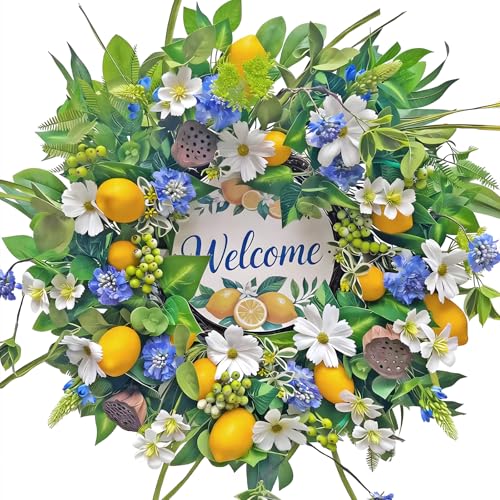 wreathqueen Spring Wreaths for Front Door 24 Inch,Summer Wreath with Artificial Lemon,Daisy,Hydrangea & Lotus Pods,Door Wreath for Indoor Outdoor Farmhouse Home Decor - Image 1