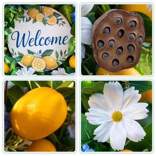 wreathqueen Spring Wreaths for Front Door 24 Inch,Summer Wreath with Artificial Lemon,Daisy,Hydrangea & Lotus Pods,Door Wreath for Indoor Outdoor Farmhouse Home Decor - Image 3