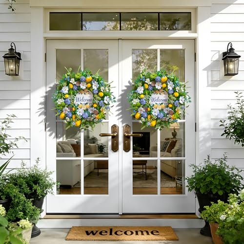 wreathqueen Spring Wreaths for Front Door 24 Inch,Summer Wreath with Artificial Lemon,Daisy,Hydrangea & Lotus Pods,Door Wreath for Indoor Outdoor Farmhouse Home Decor - Image 5