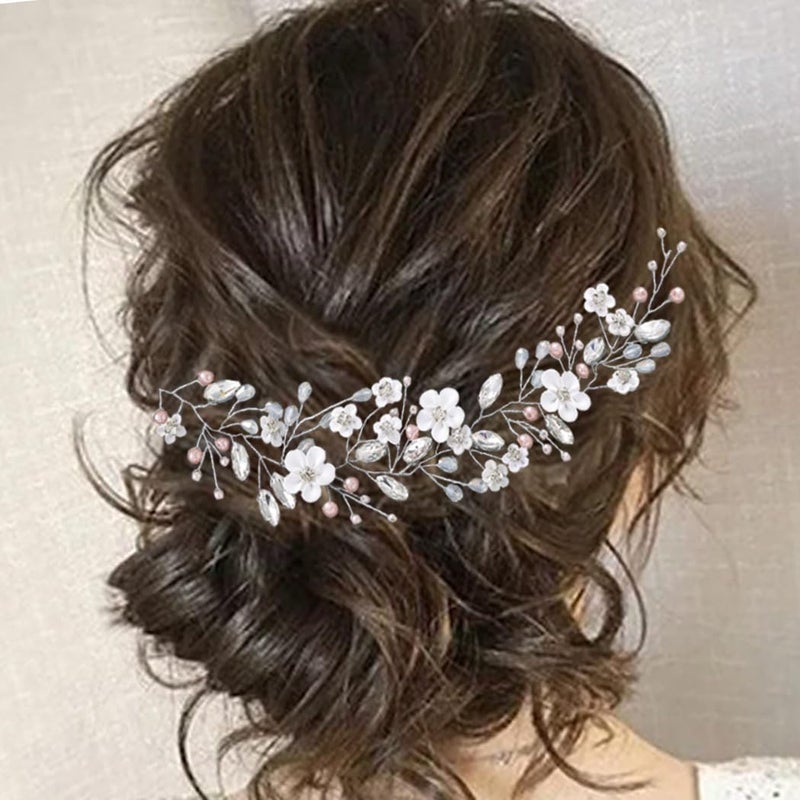 Easedaily Flower Bridal Hair Vine Silver Crystal Wedding Headpiece Pearl Hair Accessories for Women and Brides