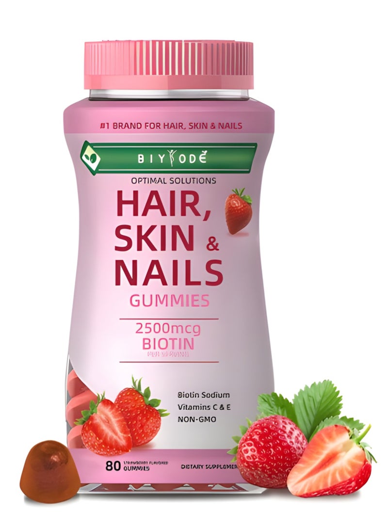 BIYODE Optimal Solutions, Hair, Skin And Nails Gummies, Anti Aging Skin Whitening Vitamins,Strawberry Flavored - 80 Gummies - Image 1