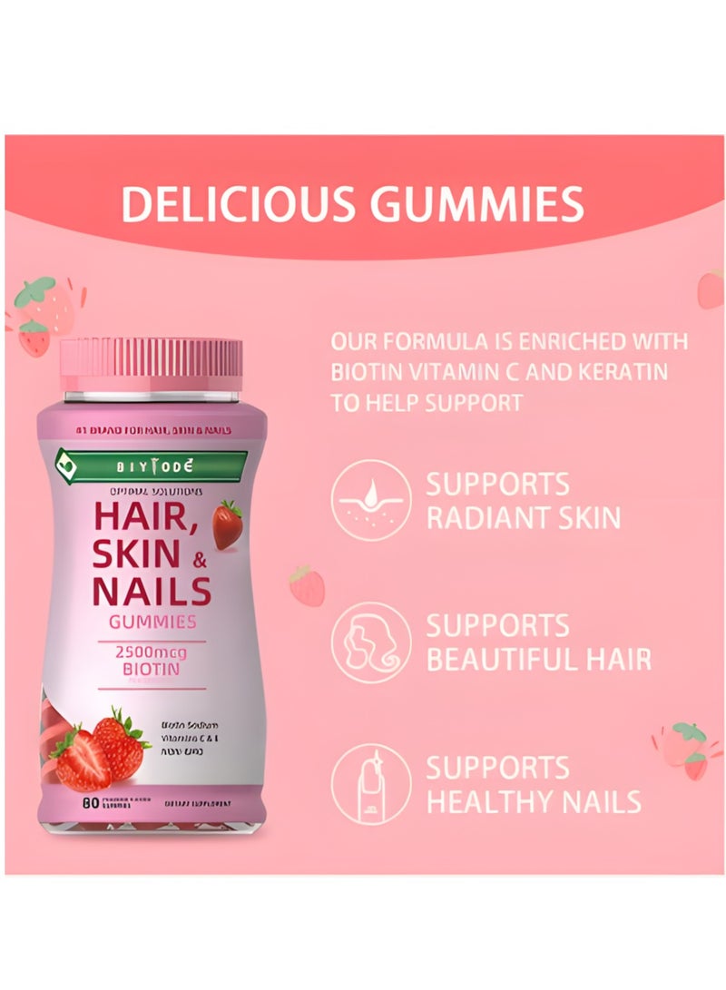 BIYODE Optimal Solutions, Hair, Skin And Nails Gummies, Anti Aging Skin Whitening Vitamins,Strawberry Flavored - 80 Gummies - Image 2