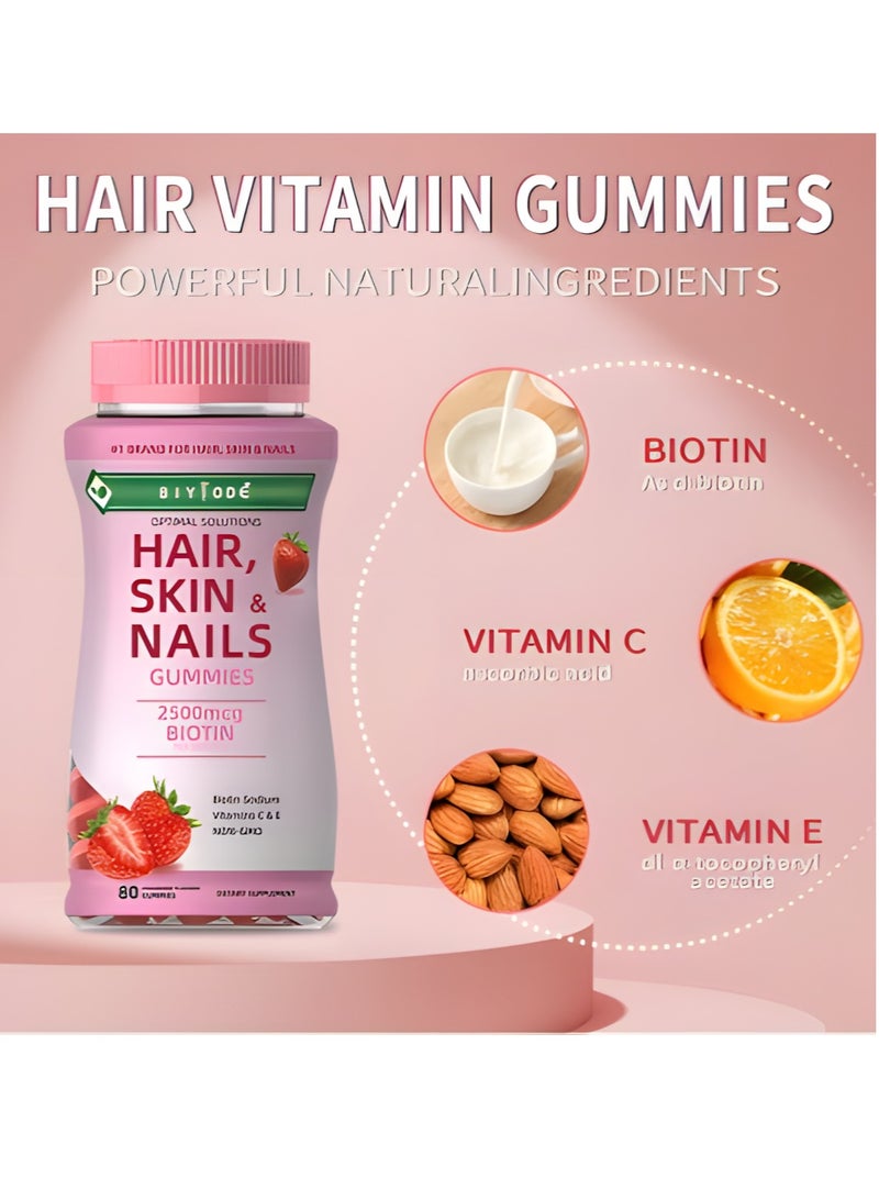 BIYODE Optimal Solutions, Hair, Skin And Nails Gummies, Anti Aging Skin Whitening Vitamins,Strawberry Flavored - 80 Gummies - Image 3
