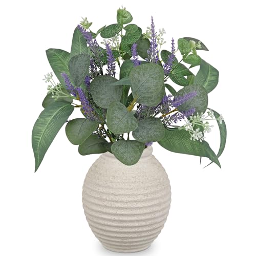 Briful Artificial Eucalyptus & Lavender Floral Arrangement – 14.5” Faux Centerpiece with Mixed Greenery in Textured White Ceramic Vase for Home, Office & Shelf Décor - Image 1