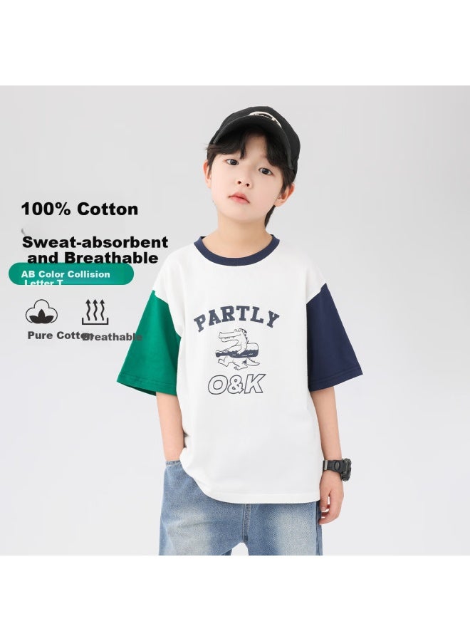 Zuoxi Boys' Cotton Short Sleeve T-shirt Children's Summer New Clothes Boys' Top Half Sleeve Trendy Little Dinosaur 160 - Image 1