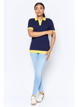 ESPRIT Women Regular Fit Short Sleeve Ribbed Polo Shirt, Navy  - Image 2