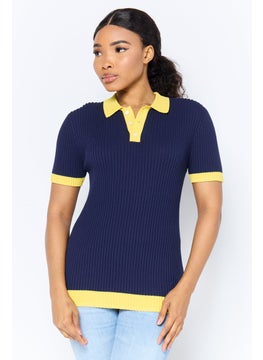 ESPRIT Women Regular Fit Short Sleeve Ribbed Polo Shirt, Navy  - Image 1