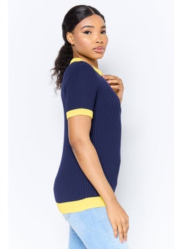 ESPRIT Women Regular Fit Short Sleeve Ribbed Polo Shirt, Navy  - Image 3