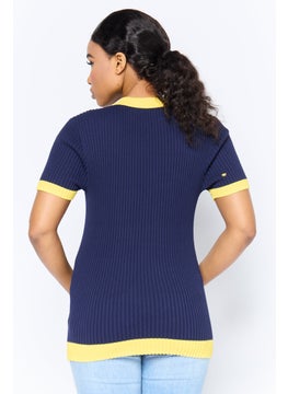 ESPRIT Women Regular Fit Short Sleeve Ribbed Polo Shirt, Navy  - Image 4