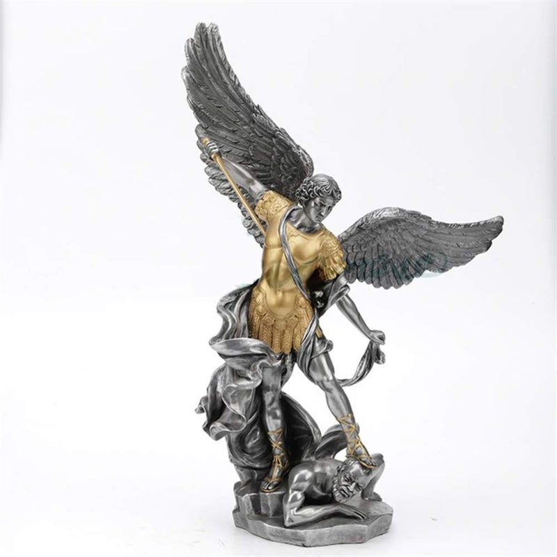 14 12 inch pewter and gold Archangel Saint Michael tramples Demon statue sculpture