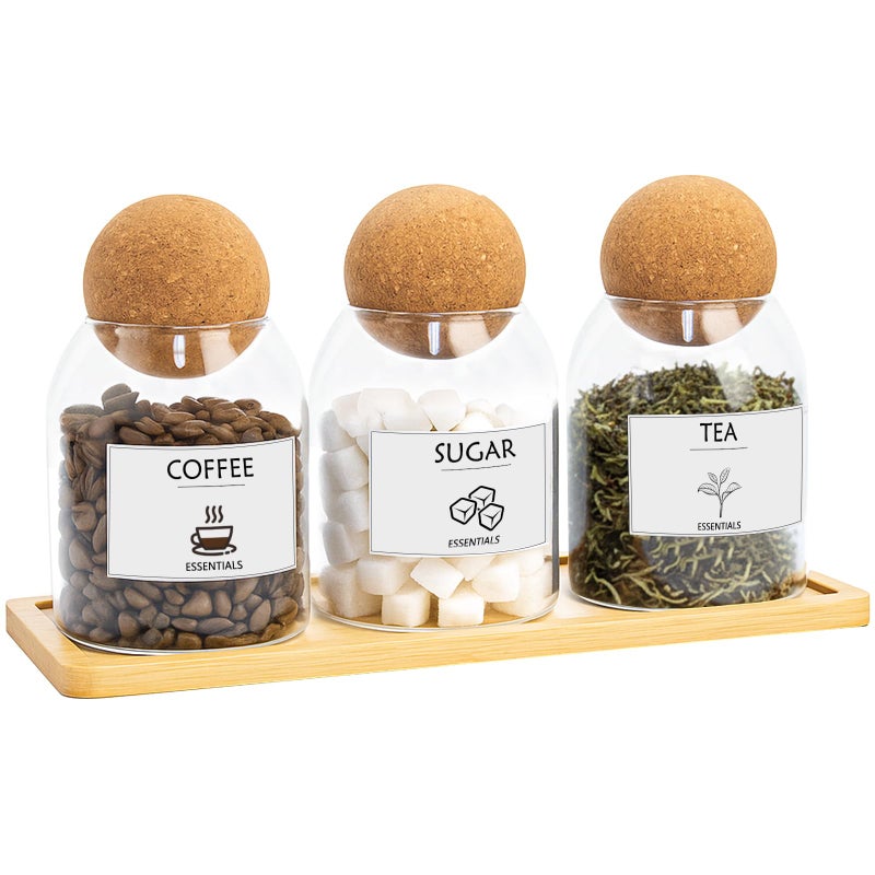 GYOSUGANG Glass Jar Storage Container with Ball Cork, 3PCS Round Glass Canisters with Tray & Labels, Small Glass Jars for Food Sugar Candy Coffee Tea Nuts (500ml/17oz) - Image 1