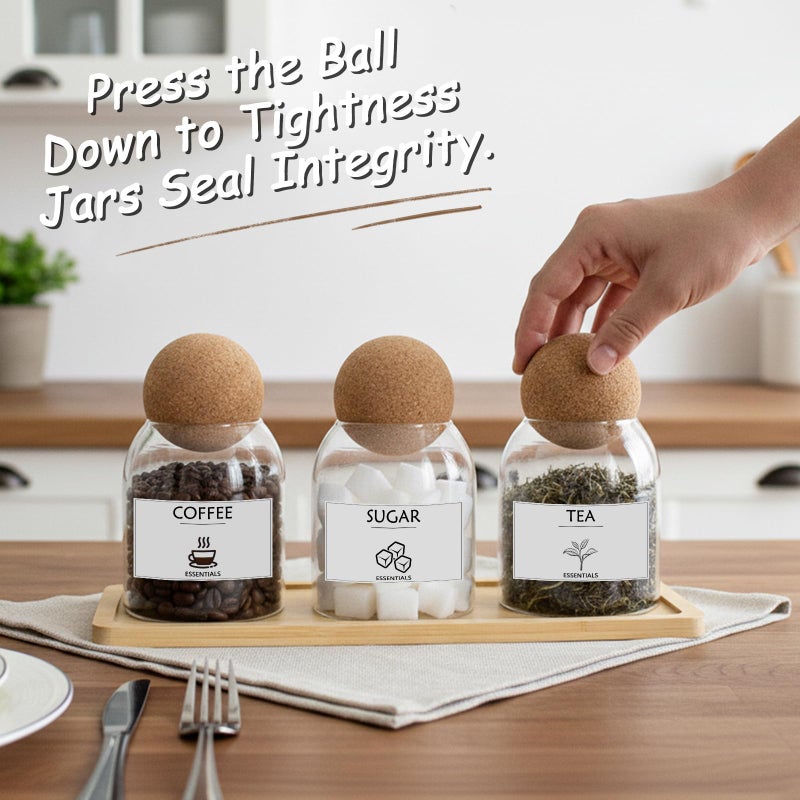 GYOSUGANG Glass Jar Storage Container with Ball Cork, 3PCS Round Glass Canisters with Tray & Labels, Small Glass Jars for Food Sugar Candy Coffee Tea Nuts (500ml/17oz) - Image 5