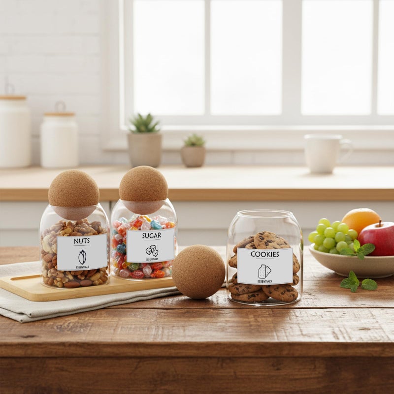 GYOSUGANG Glass Jar Storage Container with Ball Cork, 3PCS Round Glass Canisters with Tray & Labels, Small Glass Jars for Food Sugar Candy Coffee Tea Nuts (500ml/17oz) - Image 2