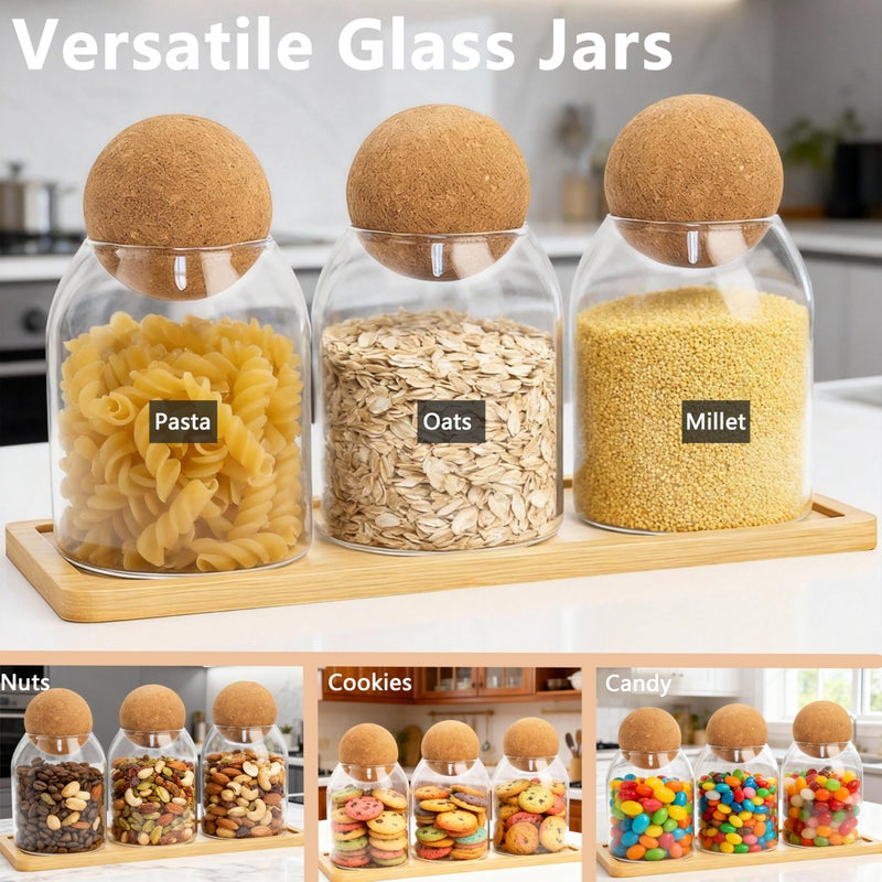GYOSUGANG Glass Jar Storage Container with Ball Cork, 3PCS Round Glass Canisters with Tray & Labels, Small Glass Jars for Food Sugar Candy Coffee Tea Nuts (500ml/17oz) - Image 4