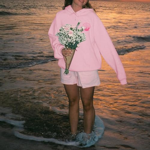 Lubpow Womens Cute Pink Flower Hoodie Aesthetic Preppy Hawaiian Hibiscus Sweatshirt Casual Puff Graphic Hoodies Pullover Tops(Pink,L) - Image 4