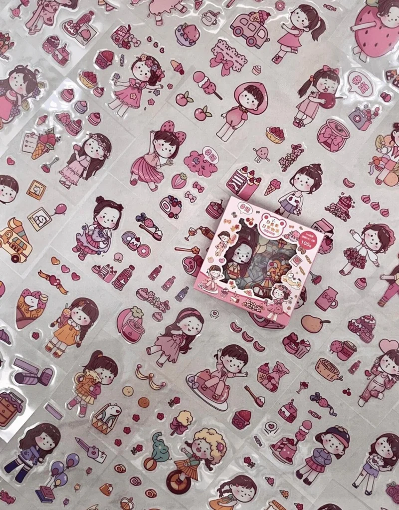 Kağıt Gemi Dükkan Paper Ship Shop Cute Girl and Food 100 Sheets Pink Mini Box Sticker Set / Bullet Journal / Scrapbook