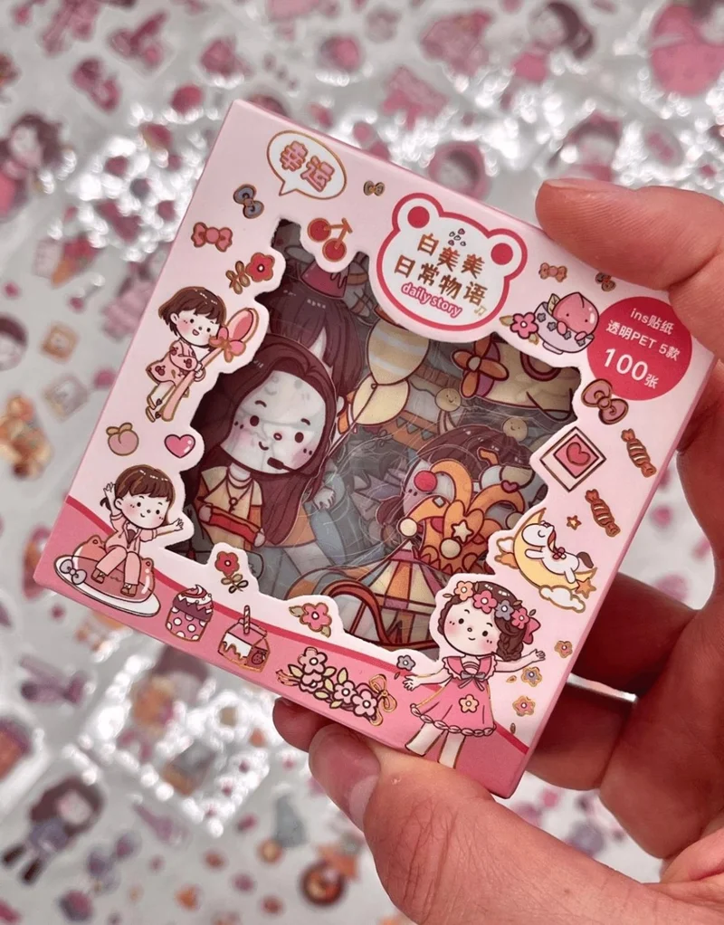 Kağıt Gemi Dükkan Paper Ship Shop Cute Girl and Food 100 Sheets Pink Mini Box Sticker Set / Bullet Journal / Scrapbook