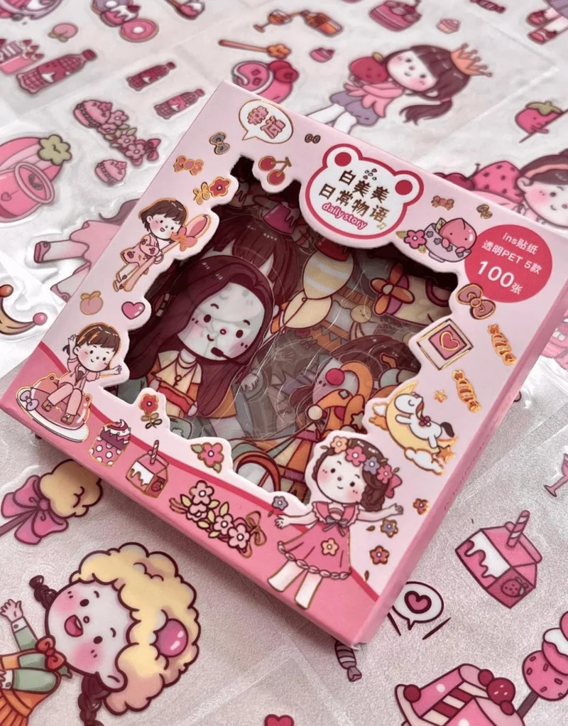Kağıt Gemi Dükkan Paper Ship Shop Cute Girl and Food 100 Sheets Pink Mini Box Sticker Set / Bullet Journal / Scrapbook