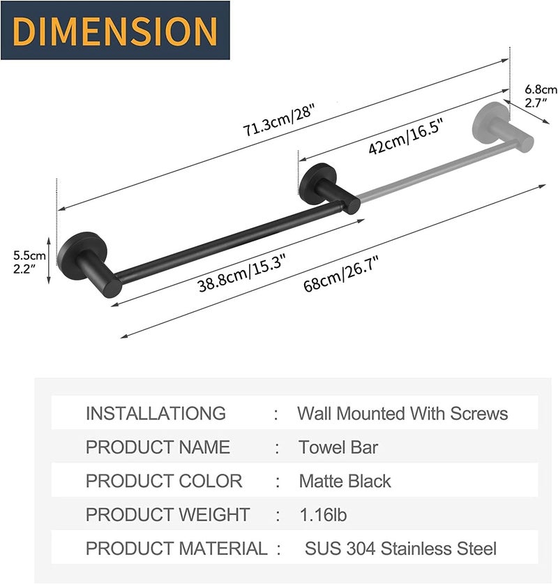 BESy Adjustable 15 to 26 Inch Single Bath Towel Bar Rack for Bathroom Accessories SUS304 Stainless Steel Towel Holder, Wall Mount with Screws Hand Towel Bar Rod Hotel Style, Matte Black - Image 4