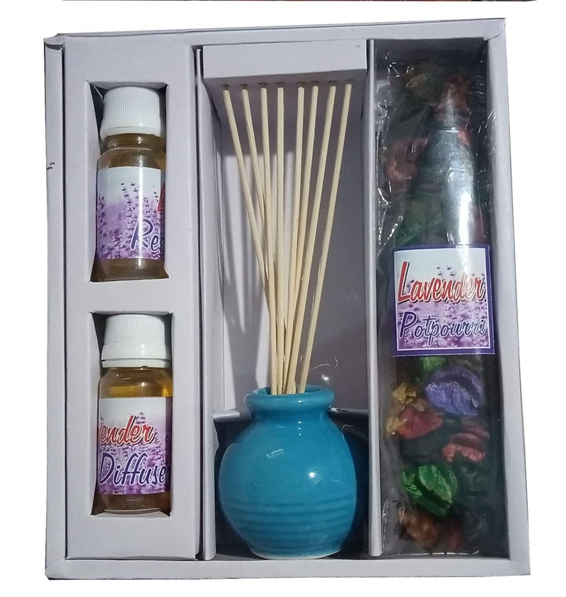 homedecor bharti Ceremic Reed Diffuser Potpourri FRAGANCE Gift Pack Lavender Diffuser 60ml Potpourri 5 ml Fragance Oil Reed Stick with Decorative Potpourri N Pot 0314LG Sold by  - Image 1