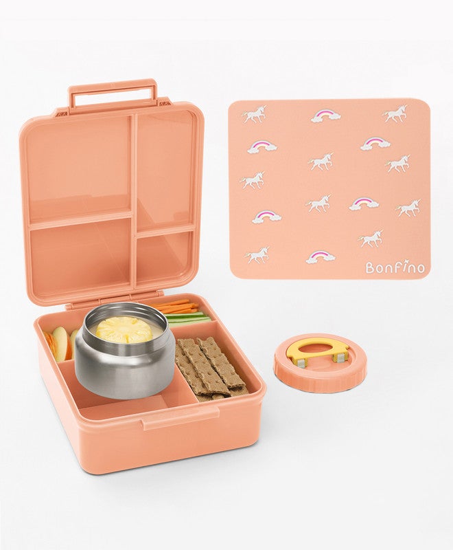 Bonfino Unicorn Food Grade Tritan Bento Lunch Box with Food Jar, 4 Compartments, BPA Free, Leak Resistant, Microwave Safe, 20x17.5x7cm, 1.87L, 3 Years+ - Peach - Image 1
