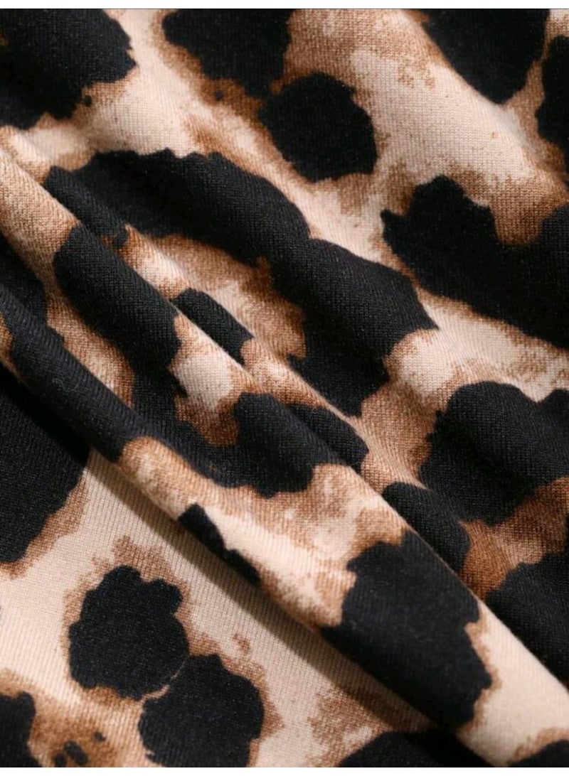 شي إن SHEIN DAZY Women's Leopard Print Draped Neck Long Sleeve Slim Fit T-Shirt - Image 4