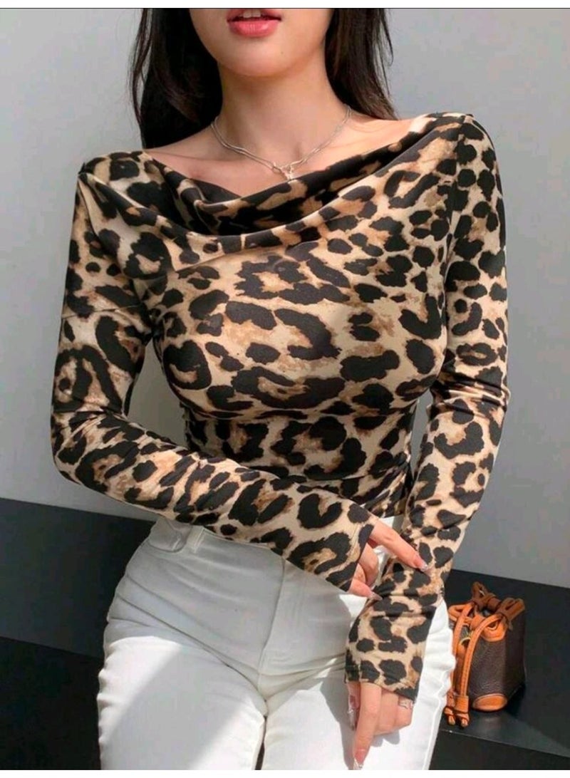 شي إن SHEIN DAZY Women's Leopard Print Draped Neck Long Sleeve Slim Fit T-Shirt - Image 1