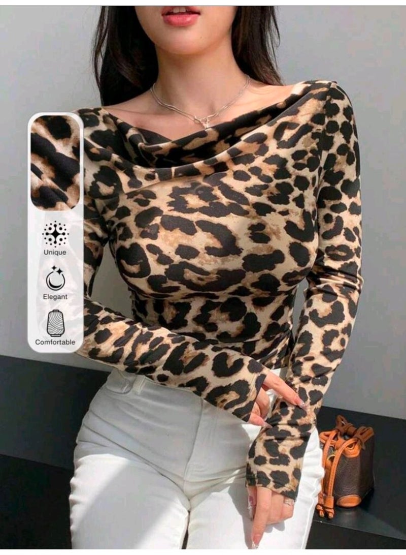 شي إن SHEIN DAZY Women's Leopard Print Draped Neck Long Sleeve Slim Fit T-Shirt - Image 3