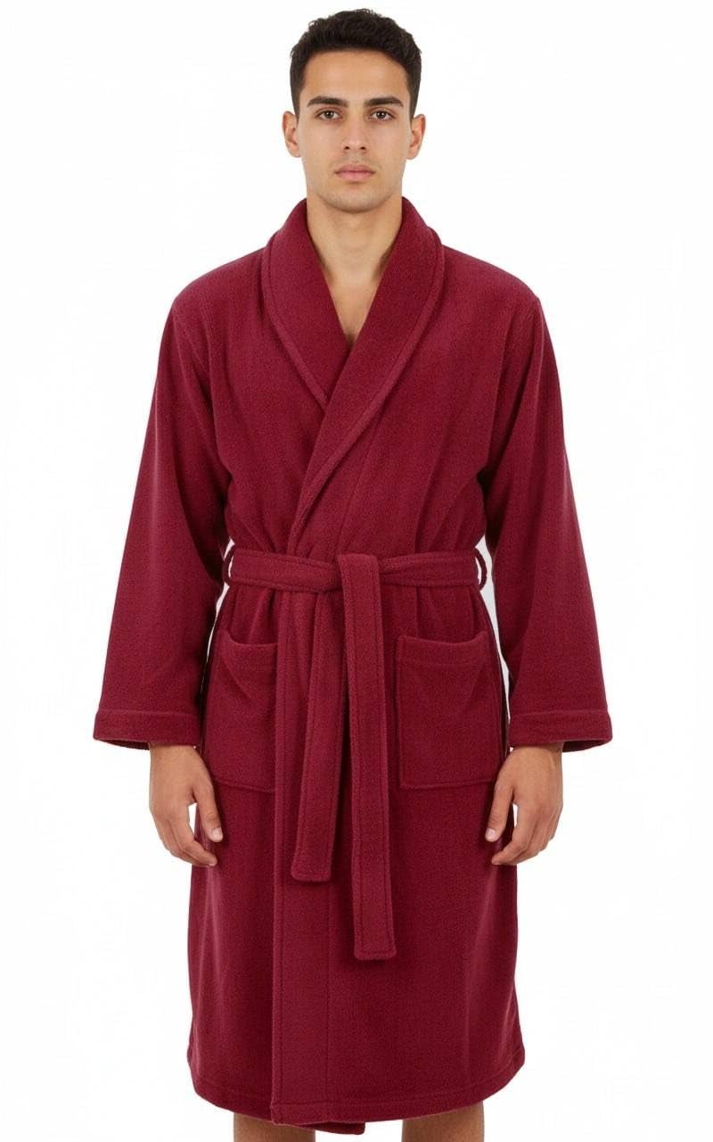 Men's Short Bathrobe, Dark Red, Shawl Collar Waist Belt and Two Pockets