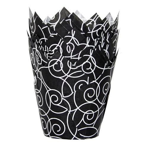 QLSmypkg Muffin Greaseproof paper Baking cupcake cups, 2"(Bottom diameter) x 3-1/2"(Height) Black Fancy Floral Print Tulip Baking Cup Case of 125 pcs (125, Standard) - Image 1