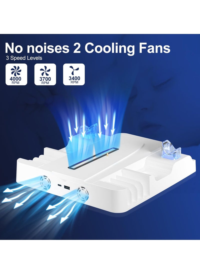 AOLION Sony 5 Playstation 5 Stand with Cooling Station and DualSense Controller Charging Station for PS5 SLIM/PRO/DE/UHD, PS5 Cooling Fan with 8 CD holder and 3 Adjustable Fan Speeds (White)  - Image 2