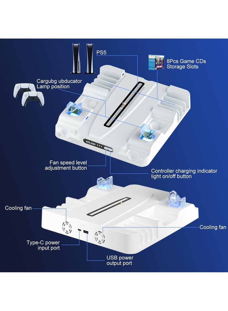 AOLION Sony 5 Playstation 5 Stand with Cooling Station and DualSense Controller Charging Station for PS5 SLIM/PRO/DE/UHD, PS5 Cooling Fan with 8 CD holder and 3 Adjustable Fan Speeds (White)  - Image 4