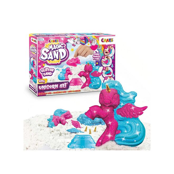 Craze Magic Sand Unicorn Playset with 3 Colored Sand Packs, 7 Molds, Wings Horns, Creative Fun - 600g - Image 1