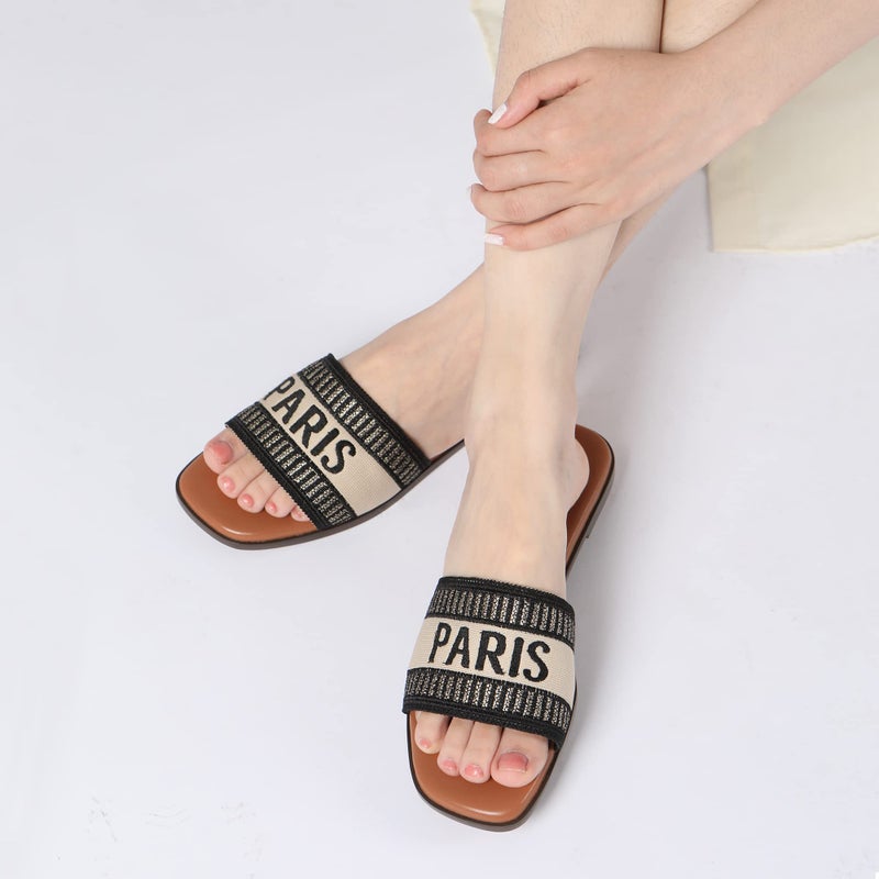 Athlefit Women's Slides Summer Fashion Slip On Flat Sandals Dressy Black Multi Size 9 - Image 2