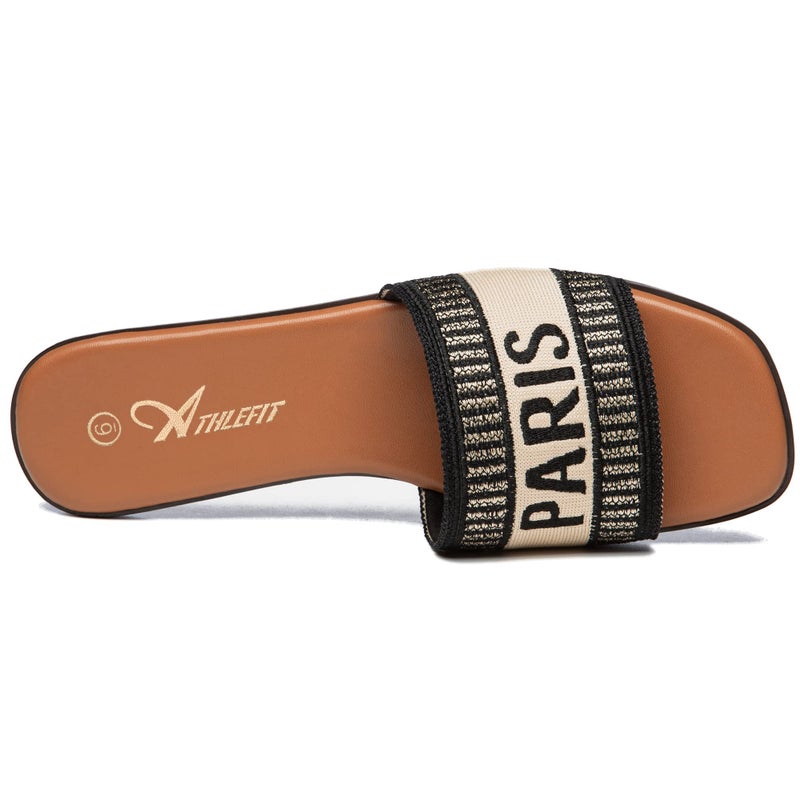 Athlefit Women's Slides Summer Fashion Slip On Flat Sandals Dressy Black Multi Size 9 - Image 4
