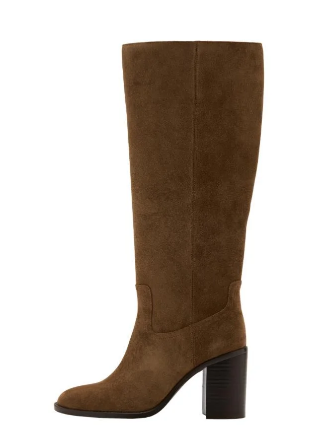 Mango Tall Leather Block-Heel Boot