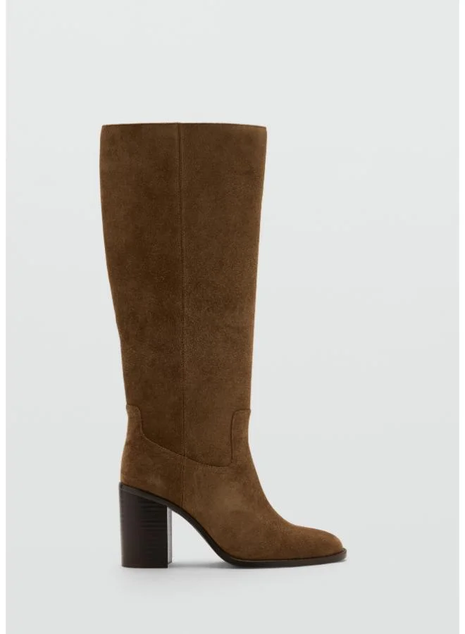 Mango Tall Leather Block-Heel Boot