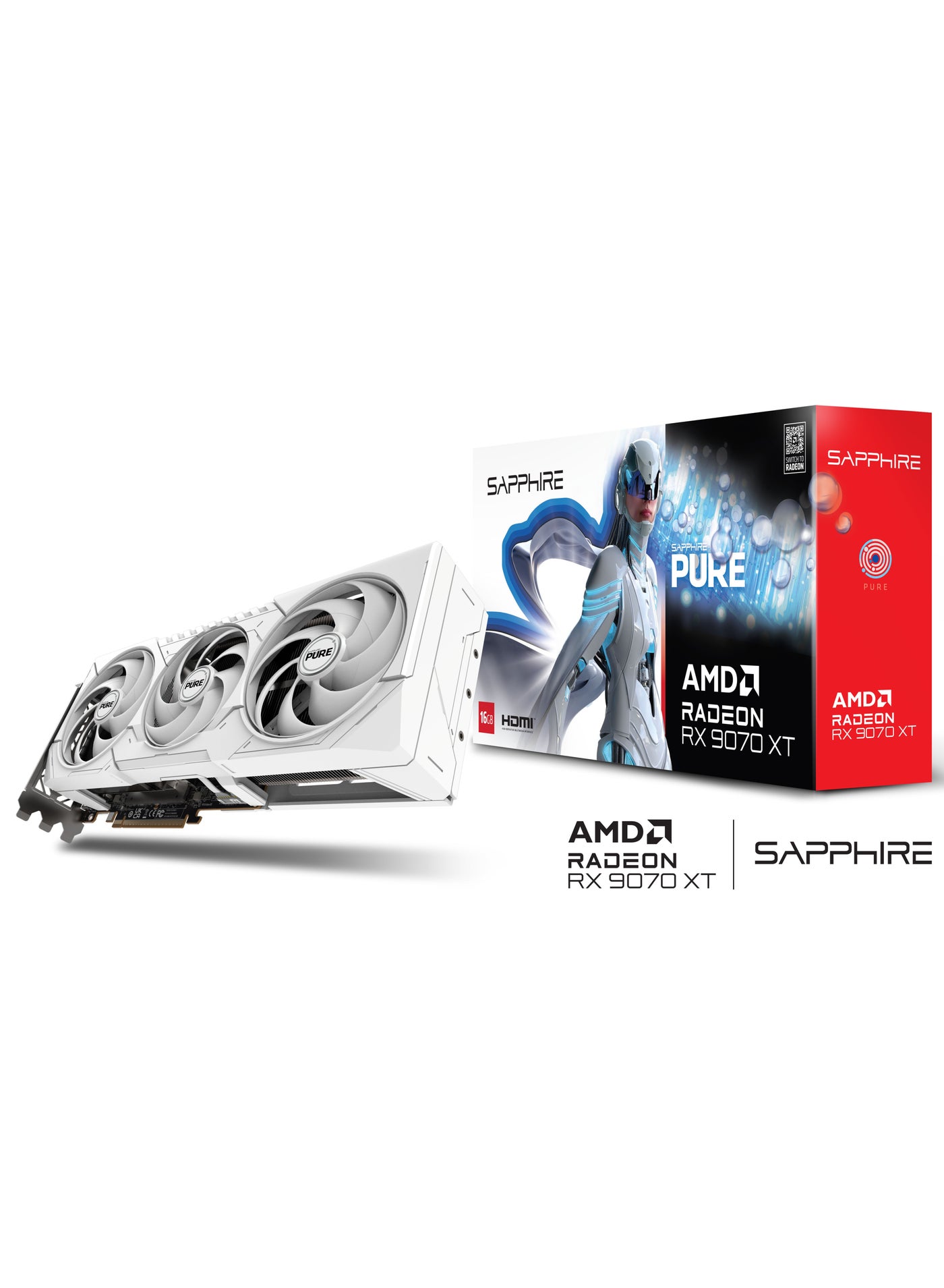 PURE AMD Radeon™ RX 9070 XT 16GB GDDR6 Graphics Card, 3010 MHz Boost Clock, 2460 MHz Game Clock, 4096 Stream Processors, 64 Compute Units, RDNA™ 4 Architecture, Tri-X Cooling, PCIe 5.0, 4K Display Support, AV1 Encode/Decode, AMD FidelityFX™, FreeSync™, ARGB Logo, 317W Power Consumption | 11348-02-20G