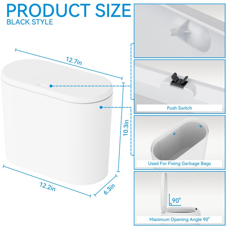 Yieach White 3.17 Gallon Slim Small Bathroom Trash Can with Lid,12L Plastic Thin Trashcans and Covered Wastebasket,Pet or Dog Proof Garbage Can for Bedroom,Rv,Dorm,Office and Lidded Bathroom Trashcan - Image 3