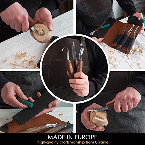 BeaverCraft Wood Spoon Carving Tools Kit S14x Deluxe - Whittling Tools Set Includes Sloyd Wood Carving Knife, Hook Knife, Gouge, Leather Roll-Up Case & Leather strop with Polishing Compound - Image 2