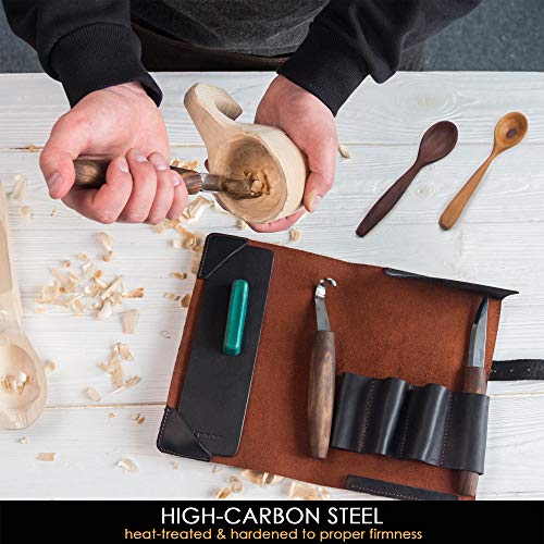 BeaverCraft Wood Spoon Carving Tools Kit S14x Deluxe - Whittling Tools Set Includes Sloyd Wood Carving Knife, Hook Knife, Gouge, Leather Roll-Up Case & Leather strop with Polishing Compound - Image 4
