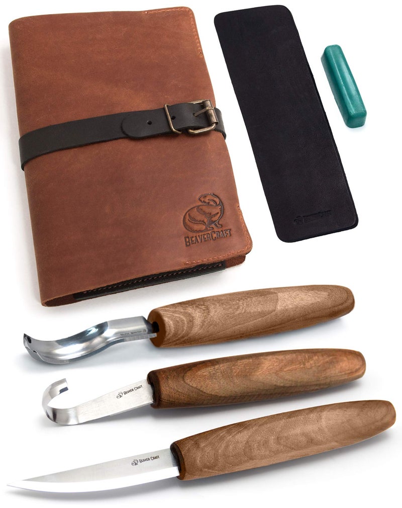 BeaverCraft Wood Spoon Carving Tools Kit S14x Deluxe - Whittling Tools Set Includes Sloyd Wood Carving Knife, Hook Knife, Gouge, Leather Roll-Up Case & Leather strop with Polishing Compound - Image 1