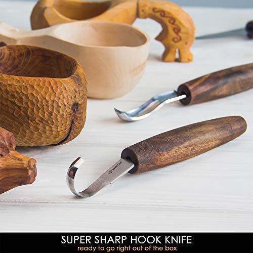 BeaverCraft Wood Spoon Carving Tools Kit S14x Deluxe - Whittling Tools Set Includes Sloyd Wood Carving Knife, Hook Knife, Gouge, Leather Roll-Up Case & Leather strop with Polishing Compound - Image 3