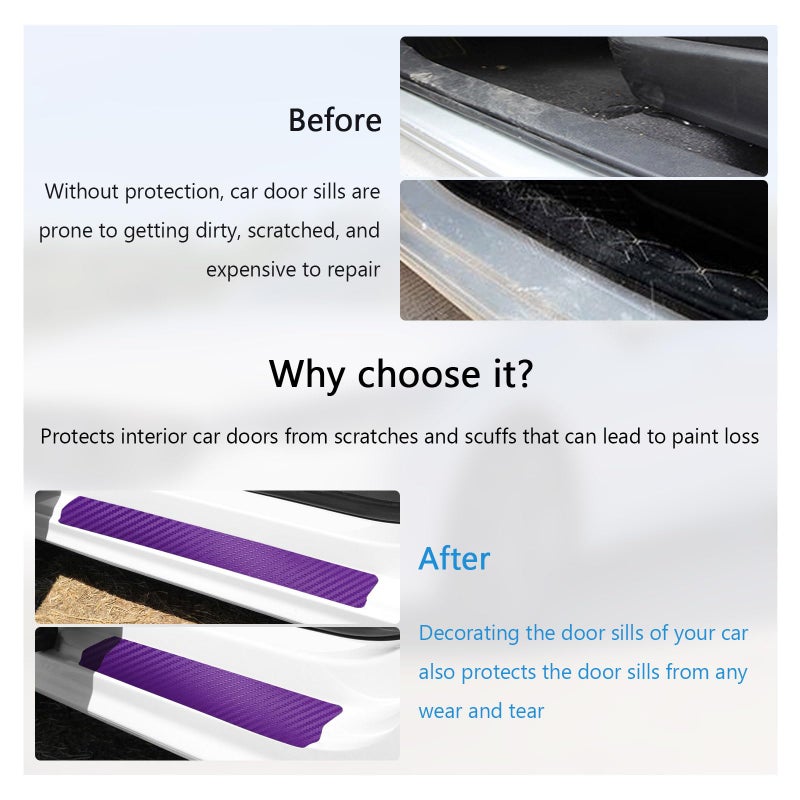 Dickno 4 PCS Car Door Sill Protector, 3D Carbon Fiber Auto Door Entry Edge Guard Protection Trim, Anti-Scratch Threshold Cover Strips, Sill Protection Sticker for Car SUV Truck (Purple) - Image 5